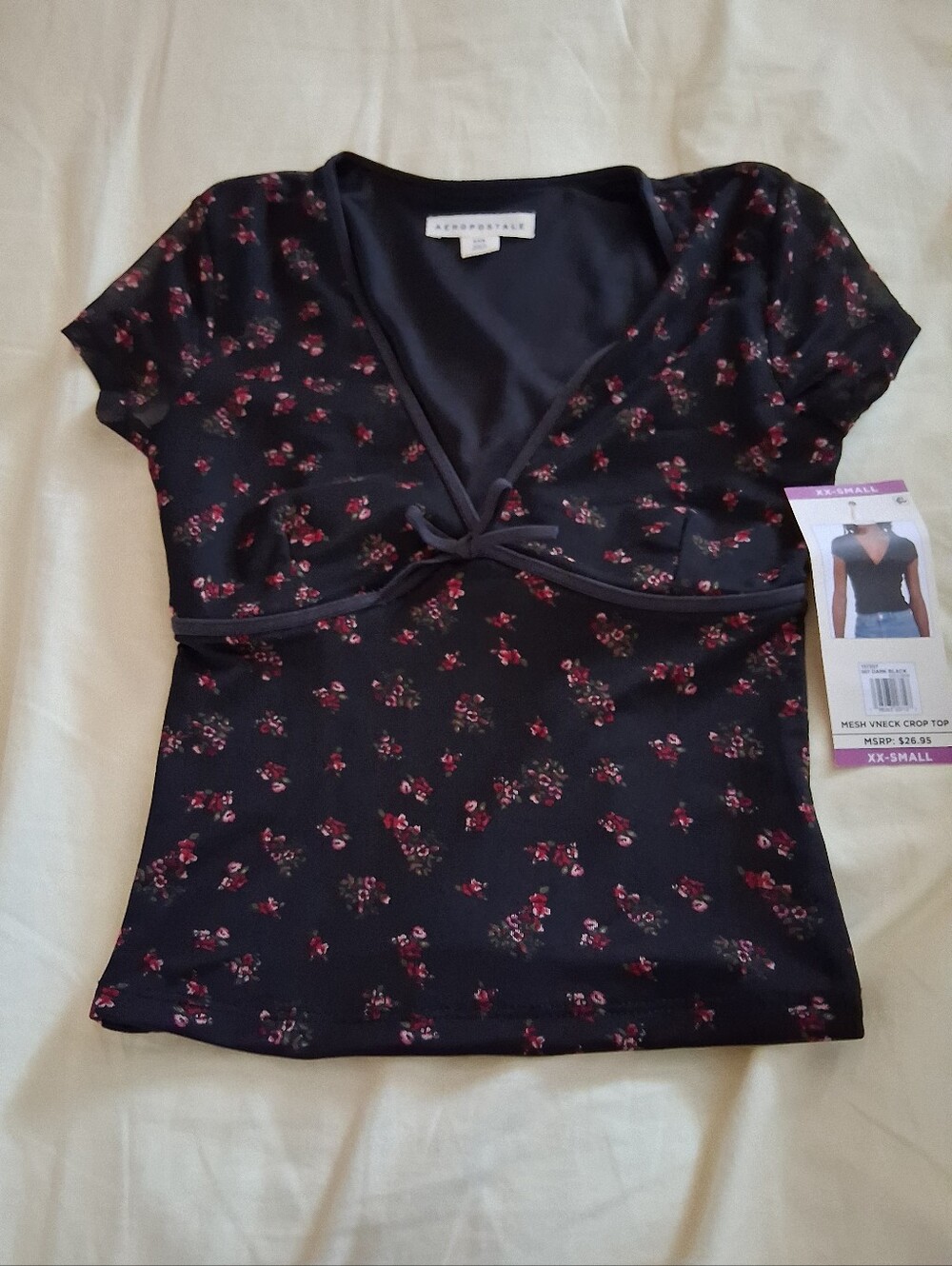 Aeropostale Black Short Sleeve V-Neck Top with Red Floral Print